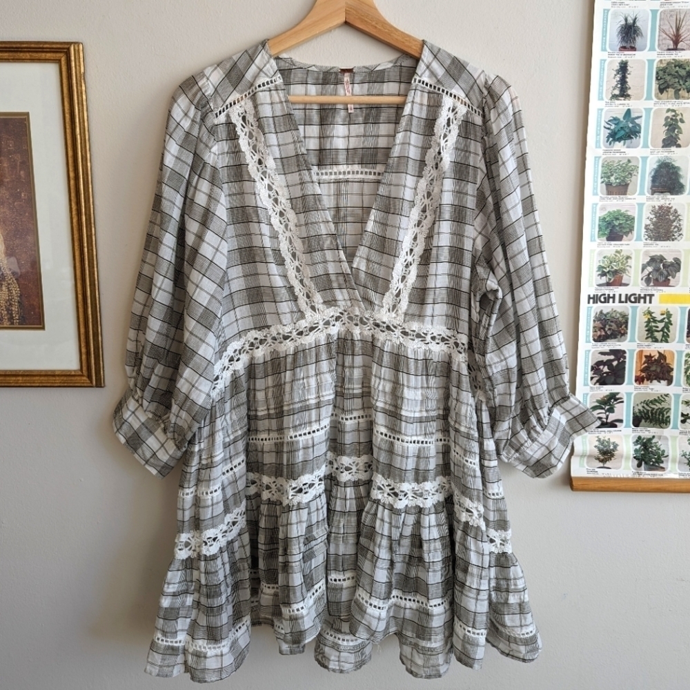 Free People Flowy lace and gingham blouse